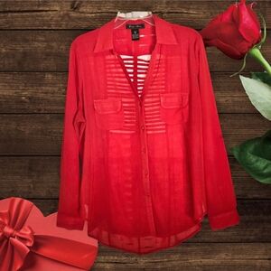 Just ❤️ One Sheer Red Button Down Blouse w/Caged Cutout on Back- 1X